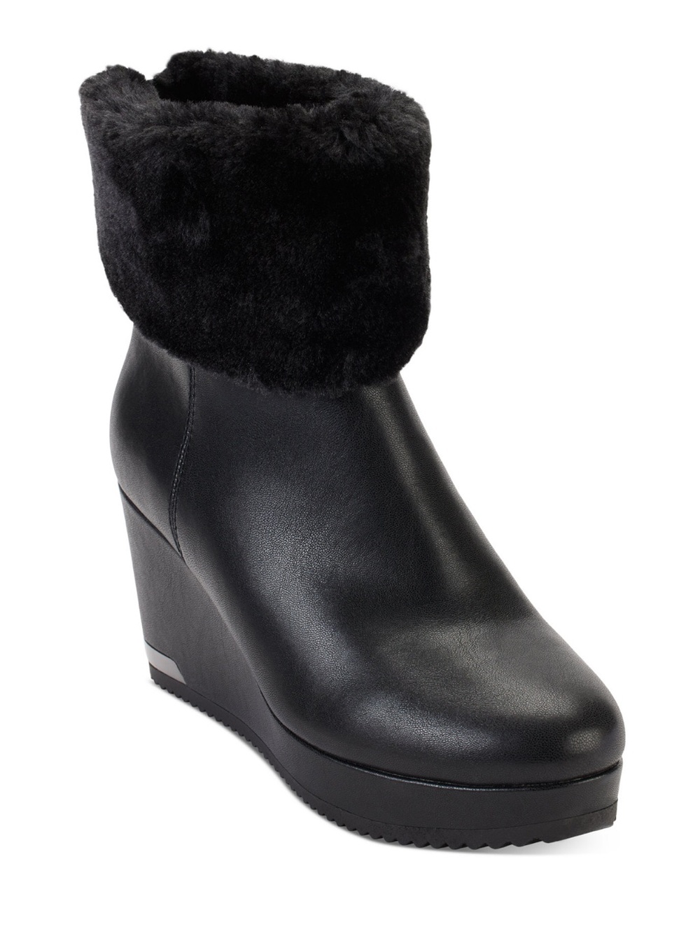 NIB DKNy Nadra Women’s Black Wedge Ankle Boot with Faux Fur Cuff Size 5